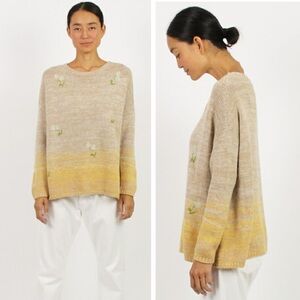 45R Cotton Wool Alpaca Hand Embroidered Camel Yellow Ombre Knit Sweater
